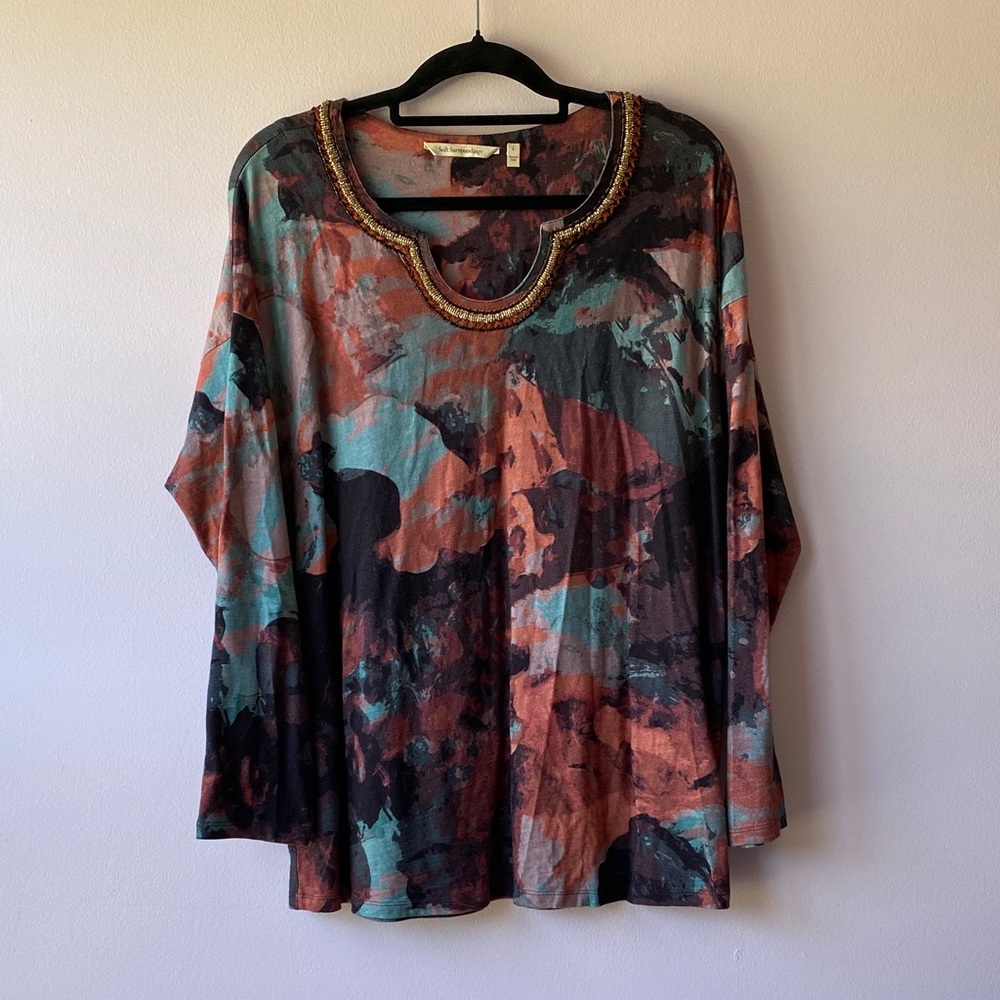 SOFT SURROUNDINGS Multicolor Long Sleeve Shirt Blouse Beaded Neckline Size Large